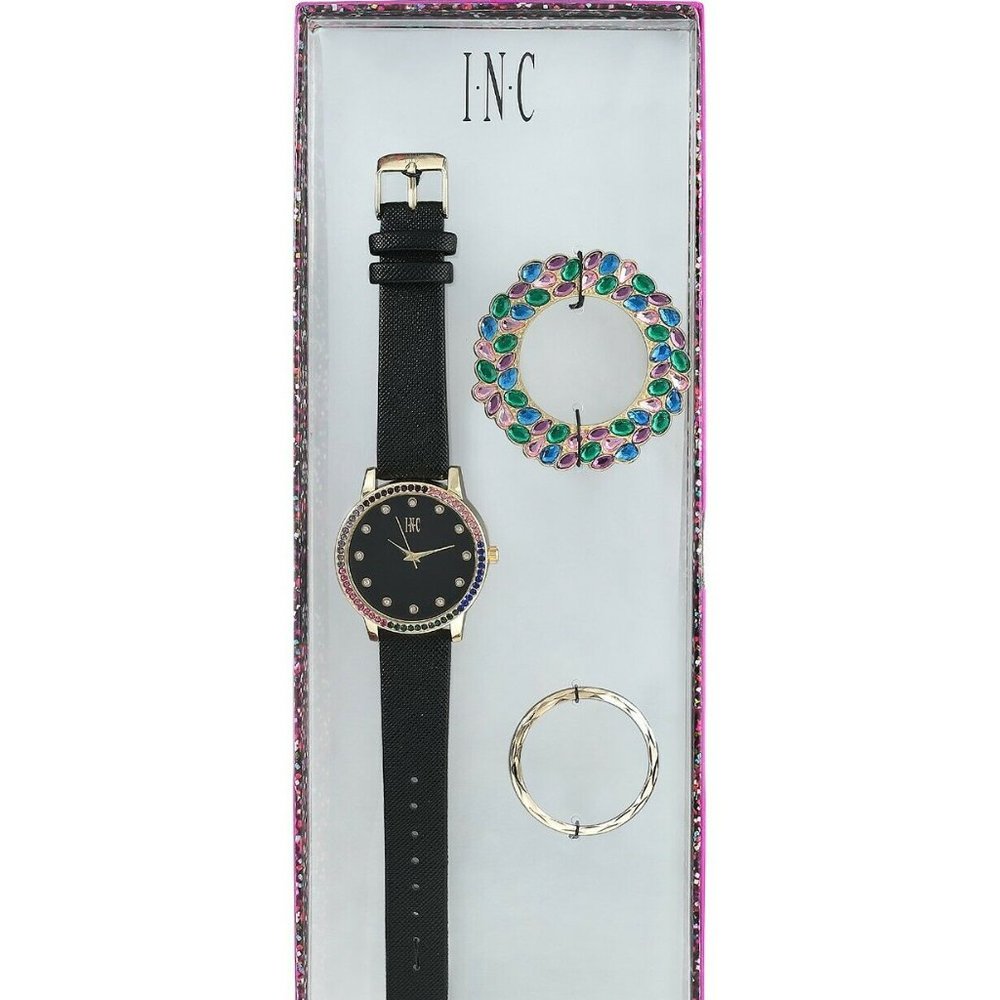 I.N.C. Women's Black Faux Leather Strap Watch 38mm